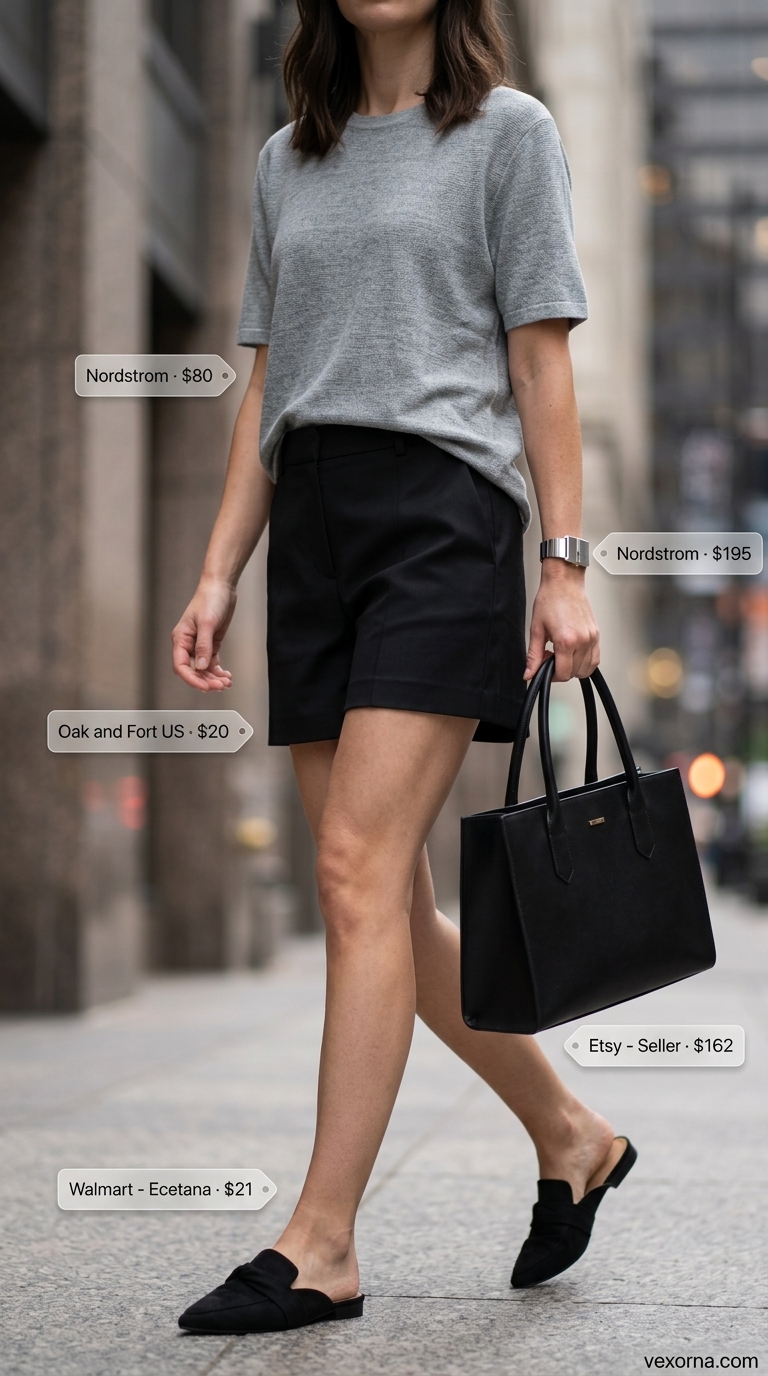 Knotted summer t-shirt outfit for women 2026: Grey tee, tailored shorts, mules for creative workspace.