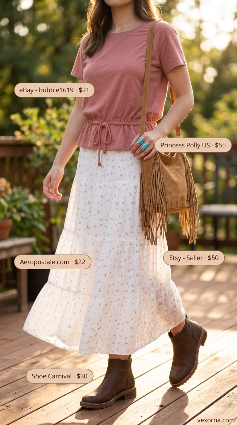 Knotted summer t-shirt outfit for women 2026: Dusty rose tee, floral maxi skirt, suede boots for festival.