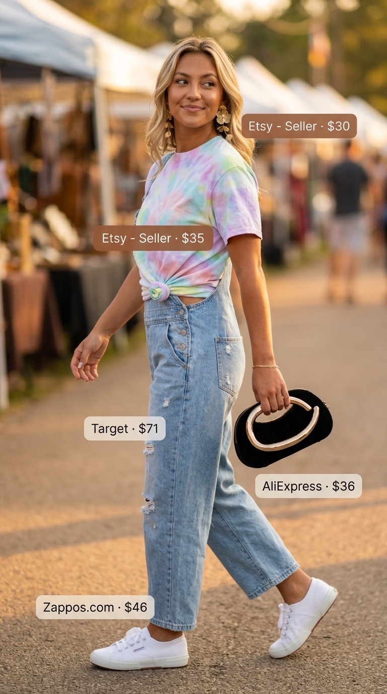 Knotted summer t-shirt outfit for women 2026: Tie-dye tee, distressed overalls, sneakers for festival.