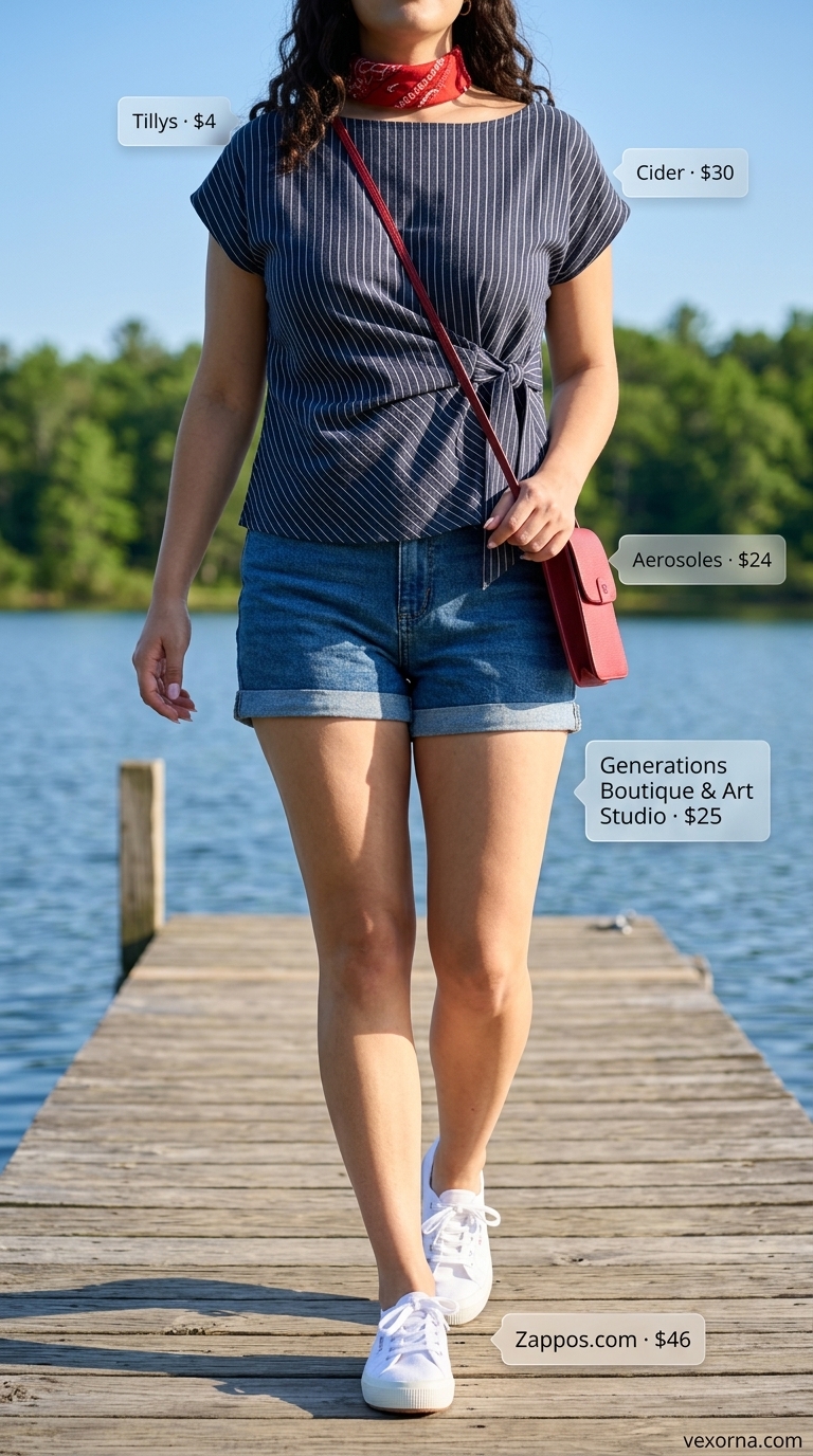 Knotted summer t-shirt outfit for women 2026: Striped tee, denim shorts, sneakers for lakeside picnic.