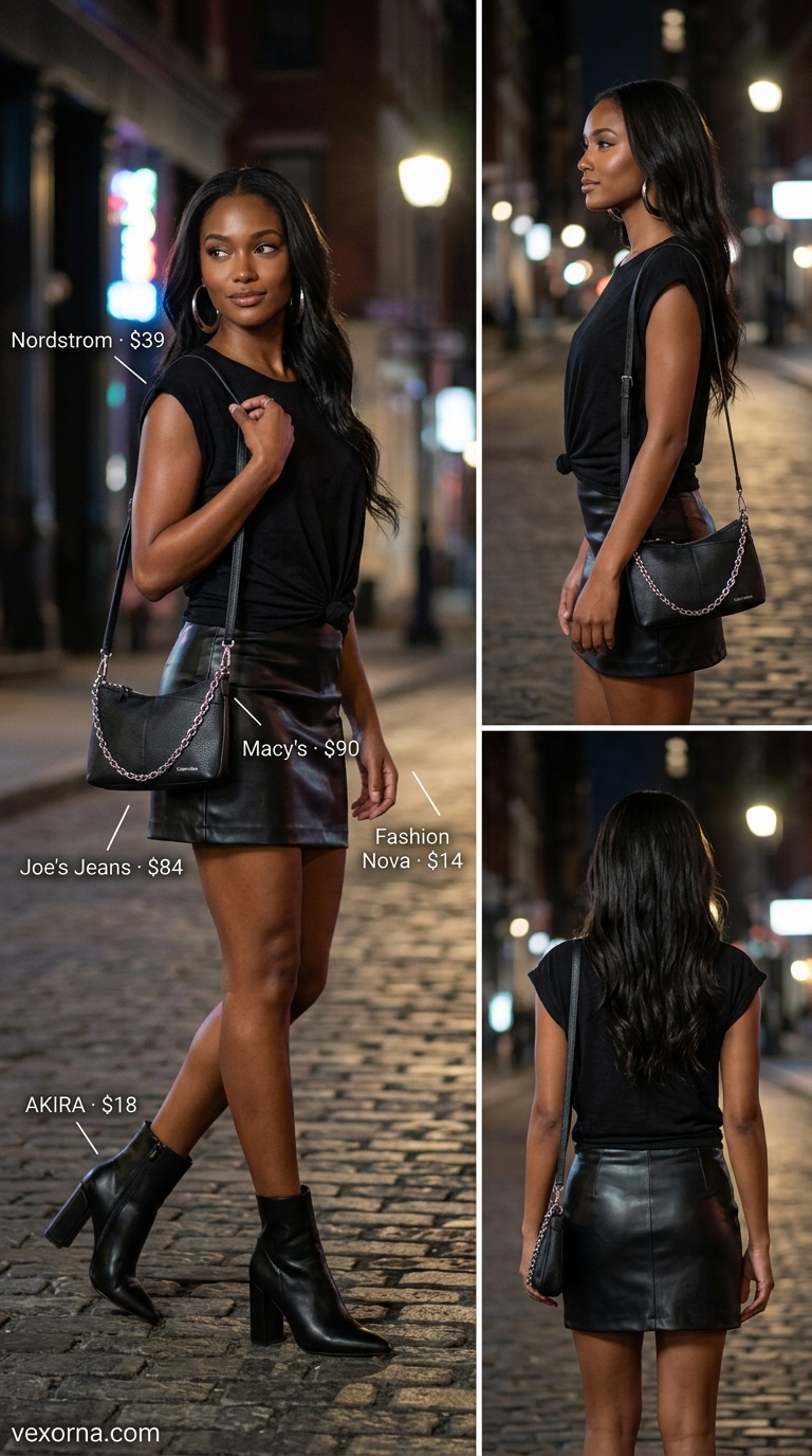 Knotted summer t-shirt outfit for women 2026: Black muscle tee knotted with faux leather skirt for evening edge.