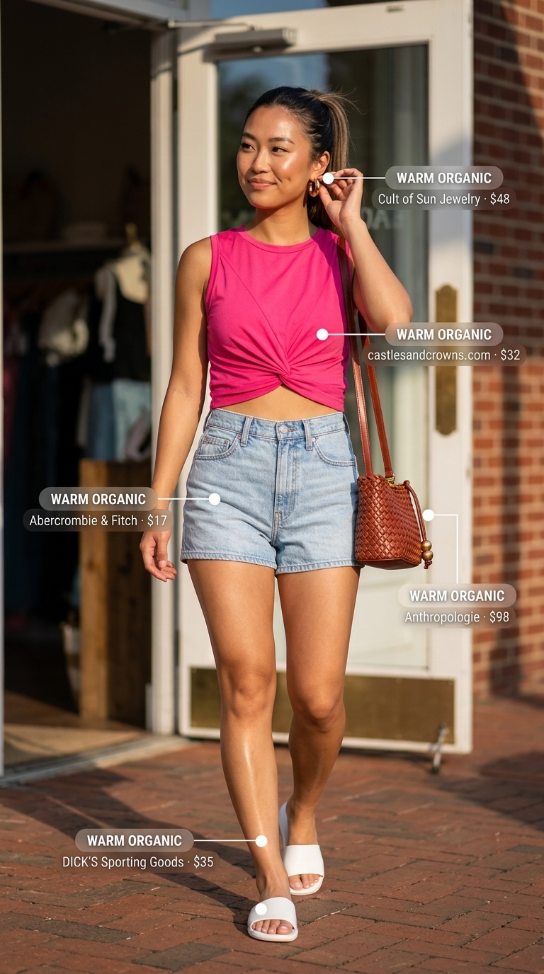 Knotted summer t-shirt outfit for women 2026: Hot pink tee, white shorts, gold accessories for poolside.