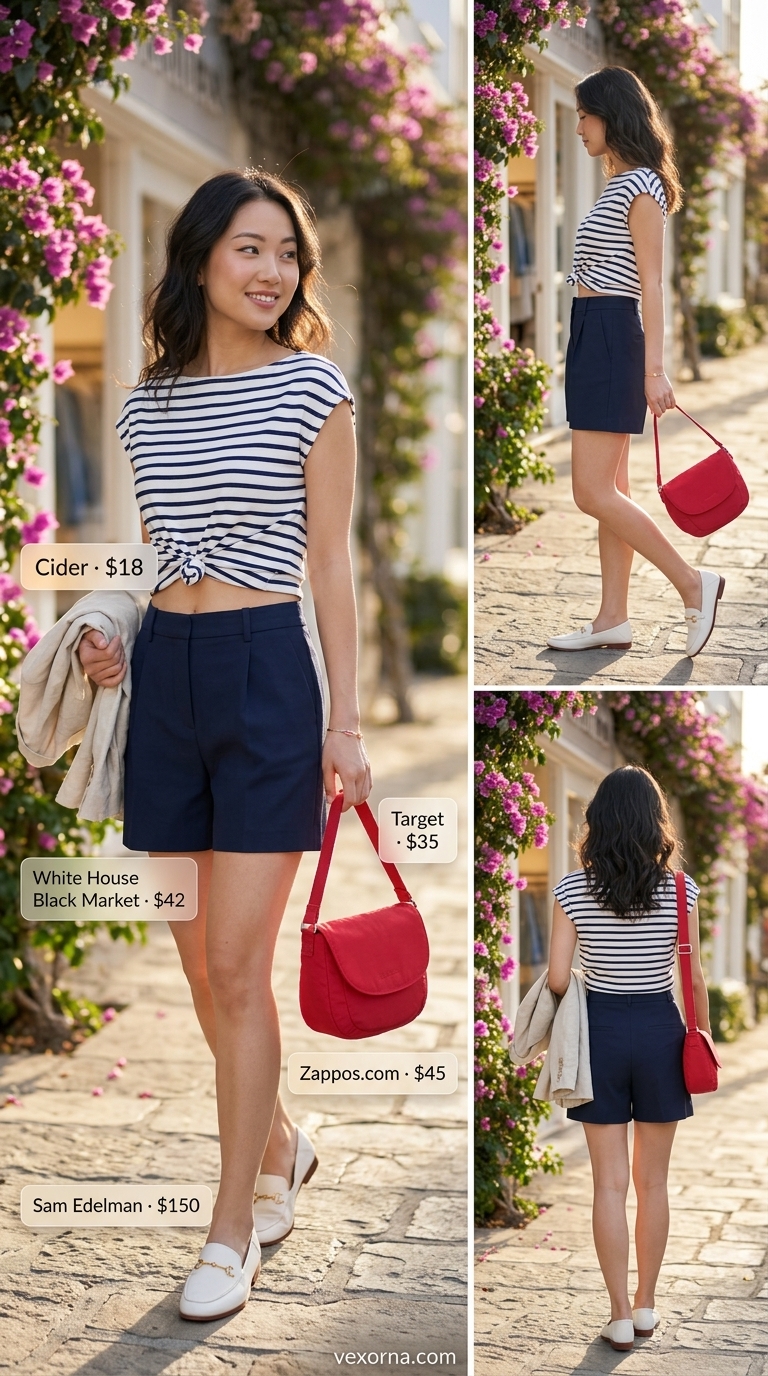 Knotted summer t-shirt outfit for women 2026: Striped tee, Bermuda shorts, loafers for resort casual.
