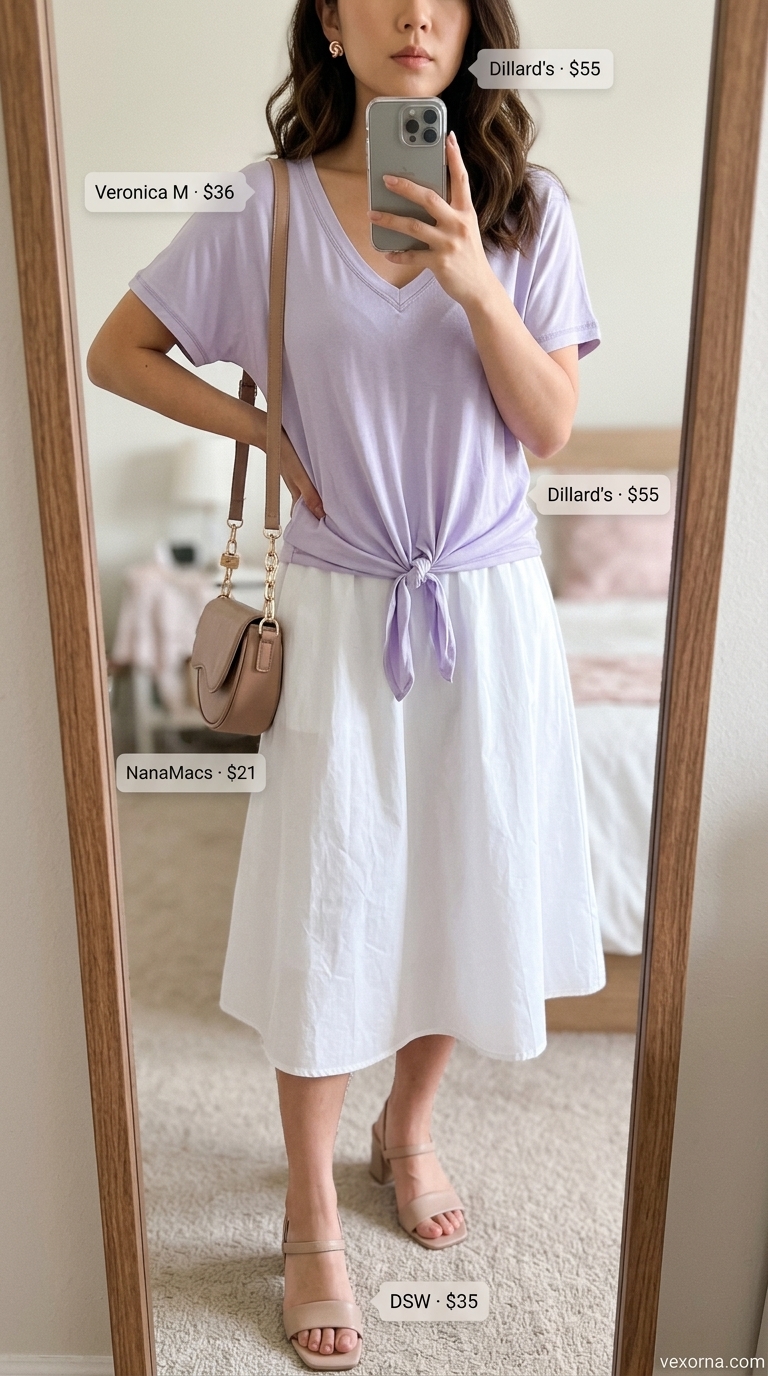 Knotted summer t-shirt outfit for women 2026: Lavender sheer tee with satin skirt for a romantic Riviera evening.