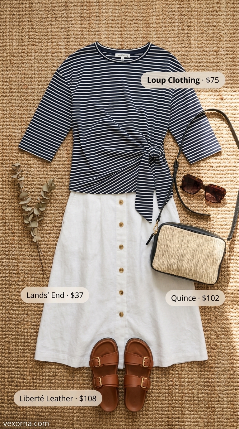Knotted summer t-shirt outfit for women 2026: Navy stripe tee with white linen skirt for a chic seaside lunch.