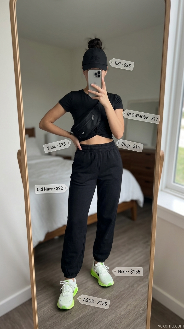 Knotted summer t-shirt outfit for women 2026: Black tee with joggers, knotted at back for a sporty travel look.