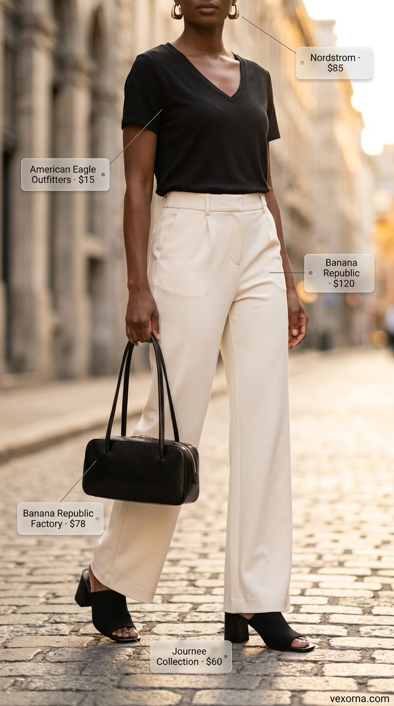 Knotted summer t-shirt outfit for women 2026: Black tee, wide-leg trousers, heeled mules for drinks.