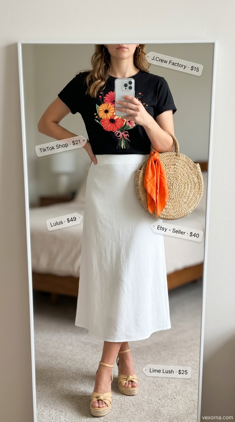 Knotted summer t-shirt outfit for women 2026: Tropical floral tee with white midi skirt, espadrilles for a garden party.
