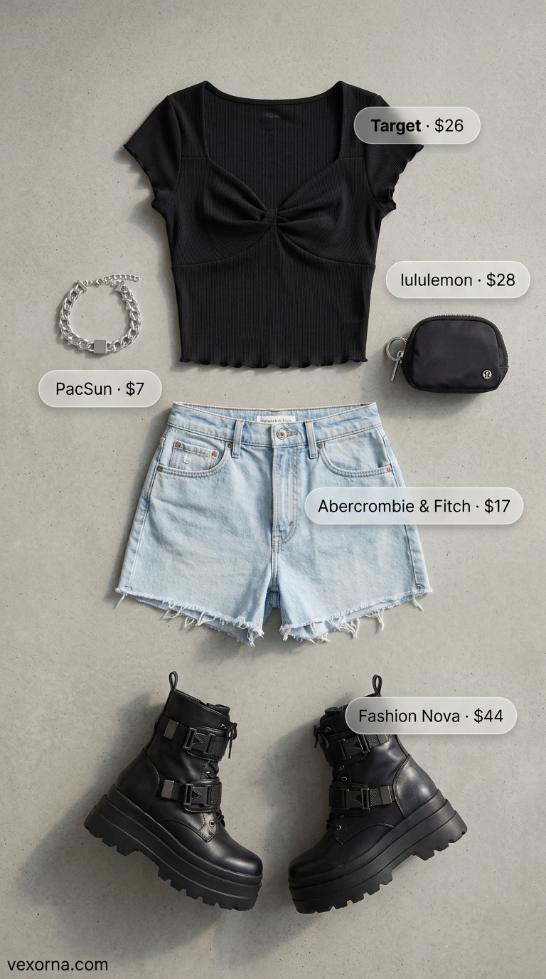 Knotted summer t-shirt outfit for women 2026: Black graphic tee with denim shorts for urban edge.