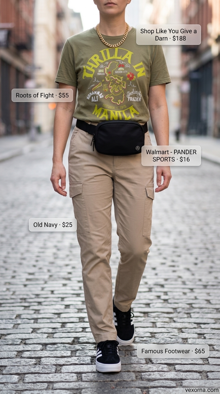 Knotted summer t-shirt outfit for women 2026: Olive graphic tee with khaki cargo pants for an adventurous day out.