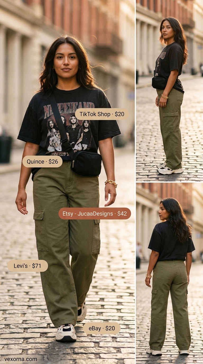 Knotted summer t-shirt outfit for women 2026: Olive cargo pants with a side-knotted graphic tee for urban exploration.