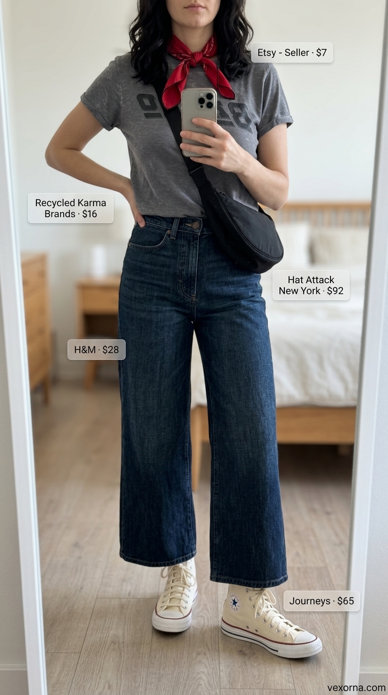 Laid back casual summer outfits for women 2026: Wide leg jeans, graphic tee, and sneakers for a concert.