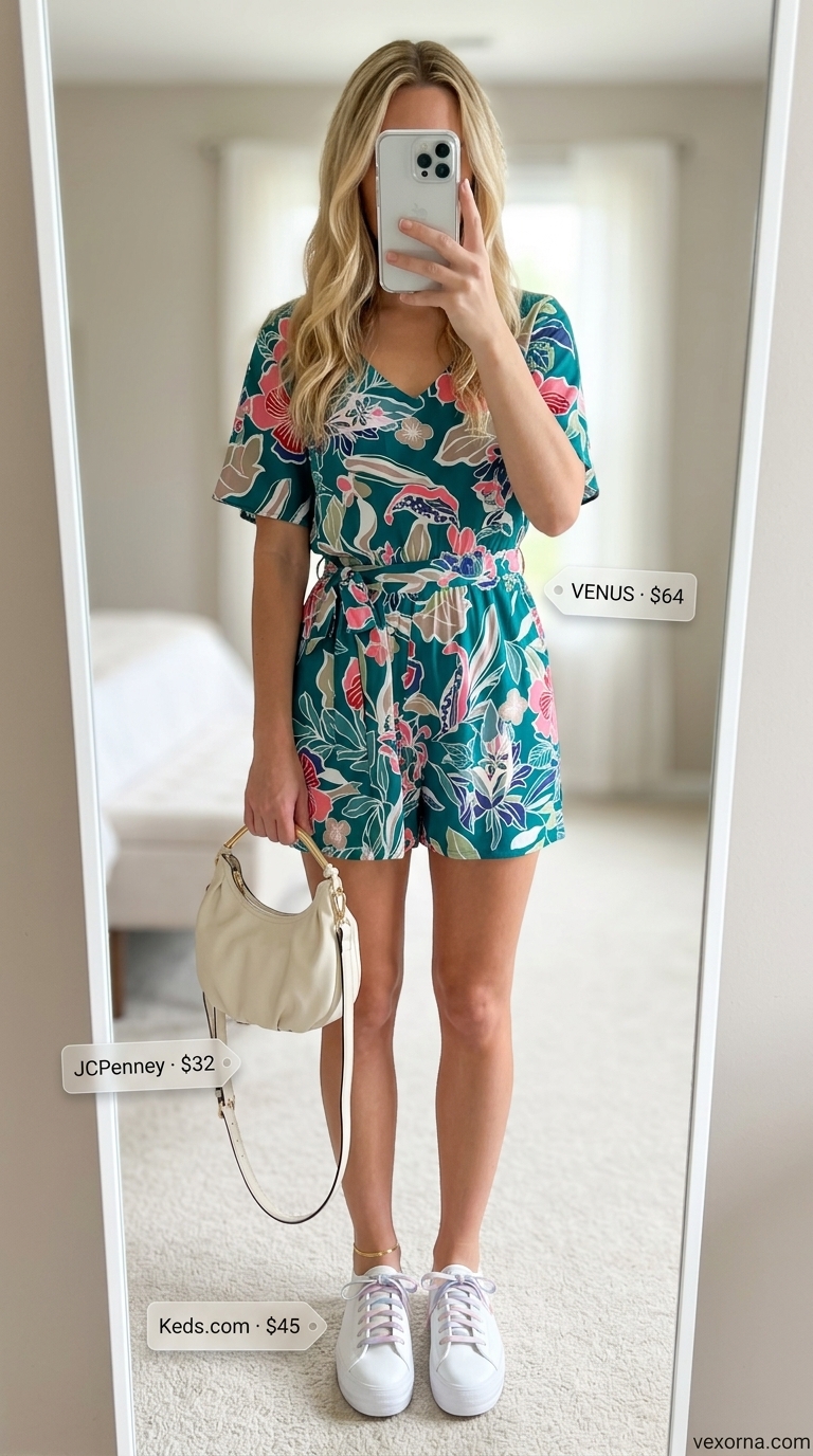 Laid back casual summer outfits for women 2026: Floral romper, white sneakers, and crossbody bag for a picnic.