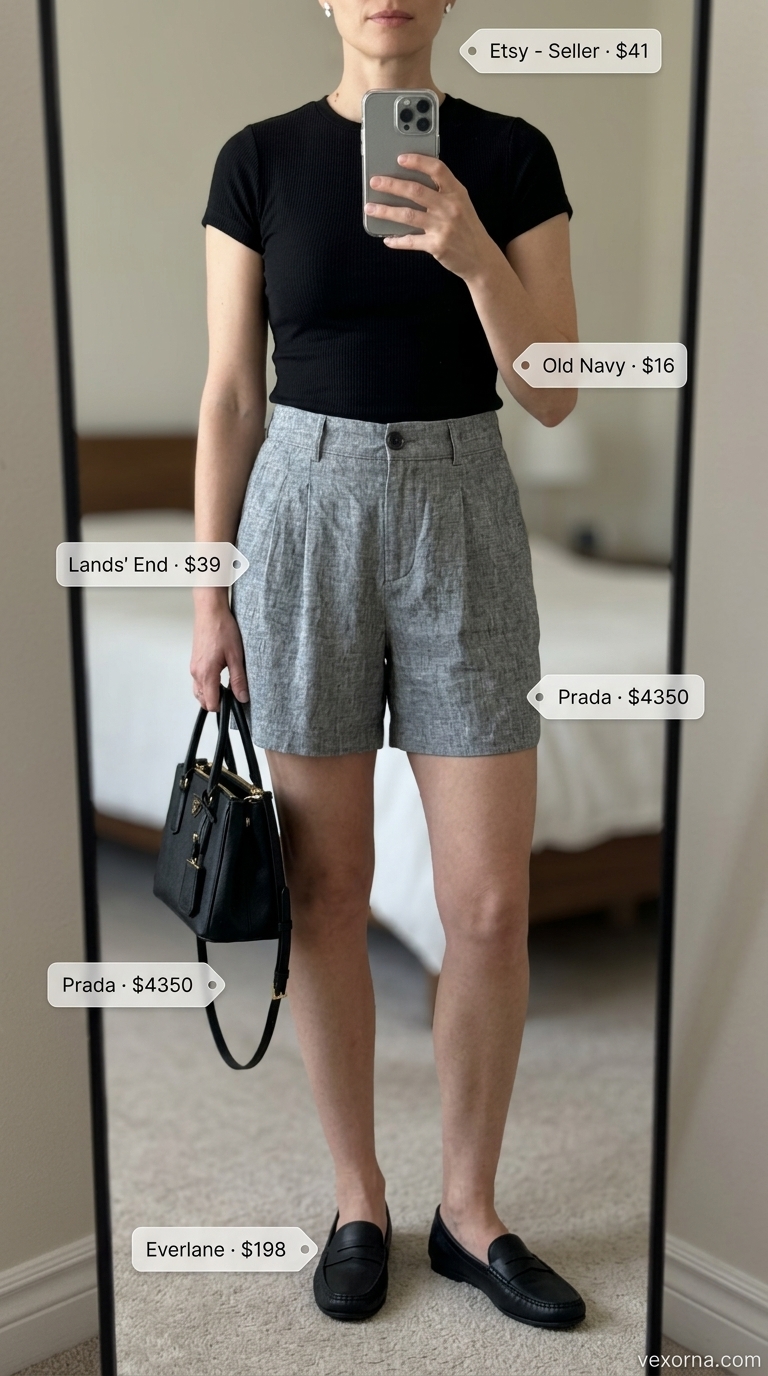 Laid back casual summer outfits for women 2026: Khaki linen shorts, black tee, and loafers for a gallery visit.