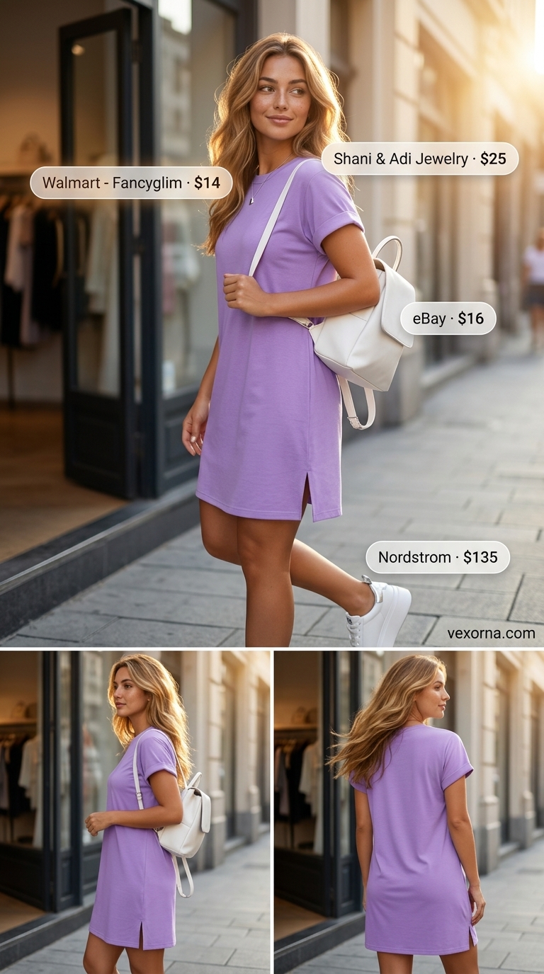 Laid back casual summer outfits for women 2026: Lavender t-shirt dress, white sneakers, and silver necklace.