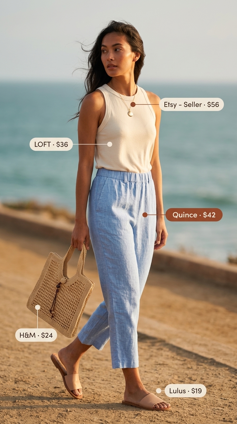 Laid back casual summer outfits for women 2026: Blue linen pants, cream tank, and straw tote for brunch.