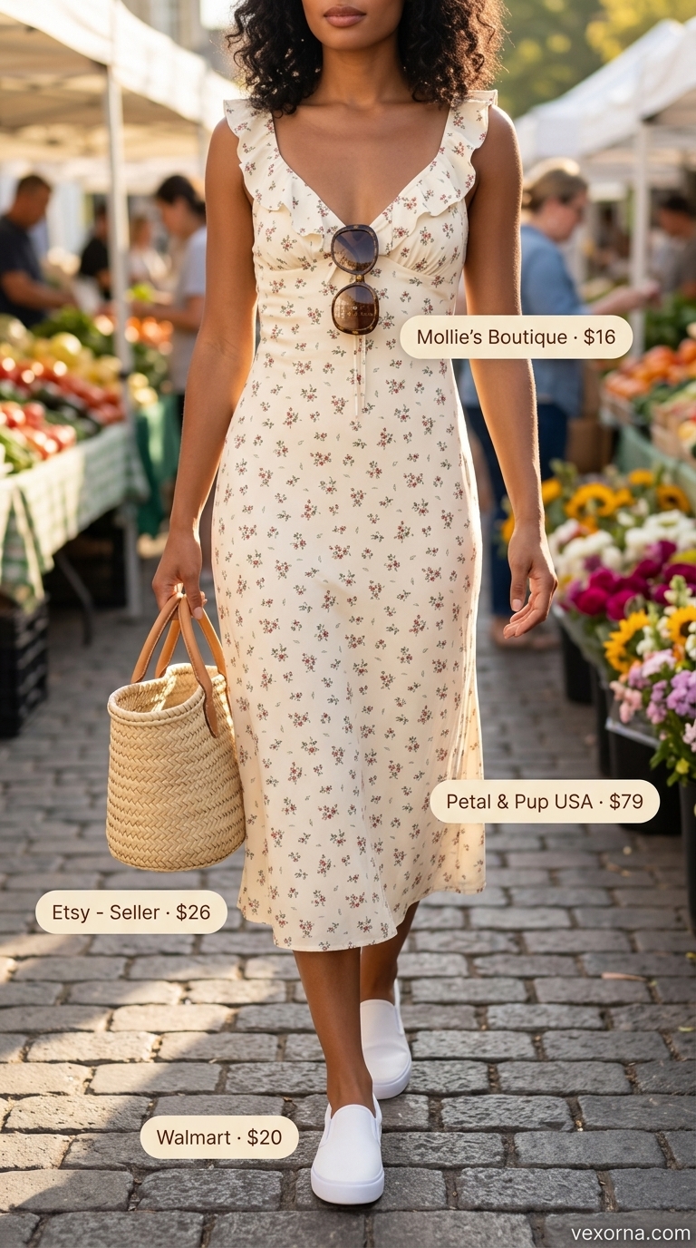 Laid back casual summer outfits for women 2026: Yellow floral dress, straw bag, and sneakers for a market day.