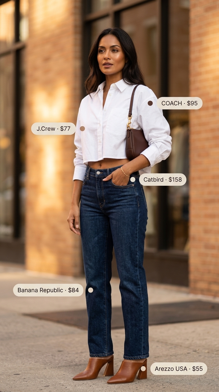 Laid back casual summer outfits for women 2026: Dark wash jeans, white shirt, cognac mules, structured bag. Chic city style.