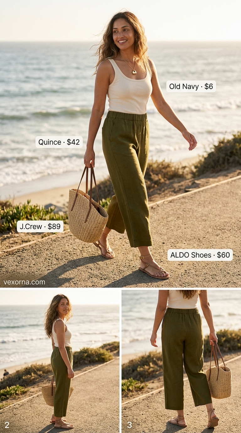 Laid back casual summer outfits for women 2026: Sage green linen pants, cream tank, tan sandals for coastal chill.