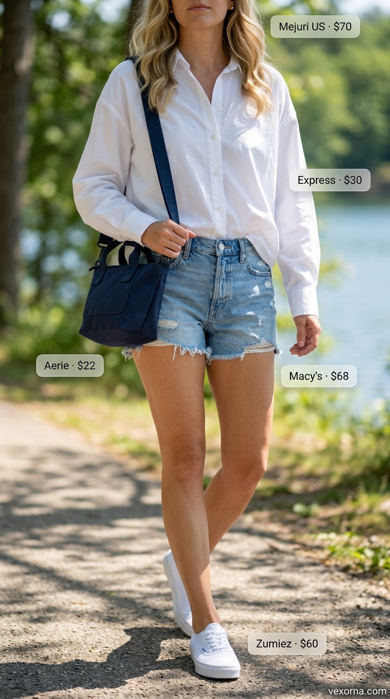 Laid back casual summer outfits for women 2026: Denim shorts, white shirt, white sneakers, navy bag. Classic weekend look.
