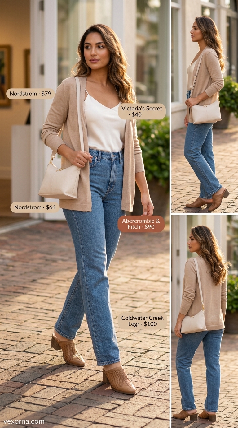 Laid back casual summer outfits for women 2026: Denim jeans, ivory cami, tan mules for casual workday.
