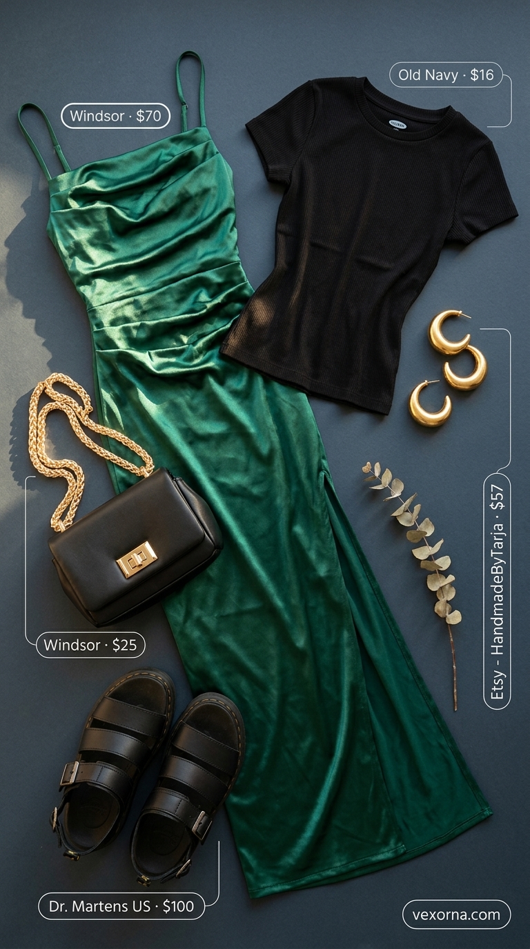 Laid back casual summer outfits for women 2026: Emerald green slip dress, black sandals, gold hoops for dinner.