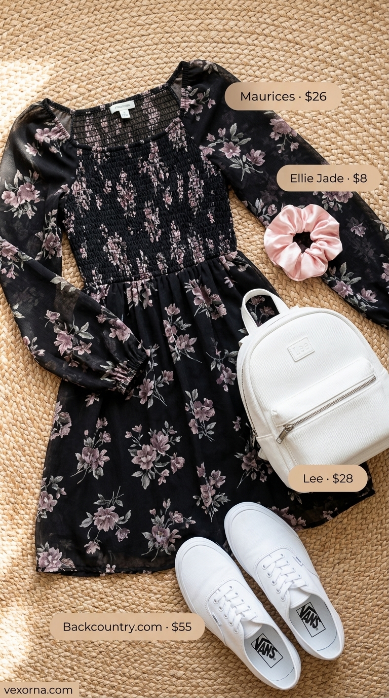 Laid back casual summer outfits for women 2026: Floral sundress, white sneakers, mini backpack. Playful picnic style.