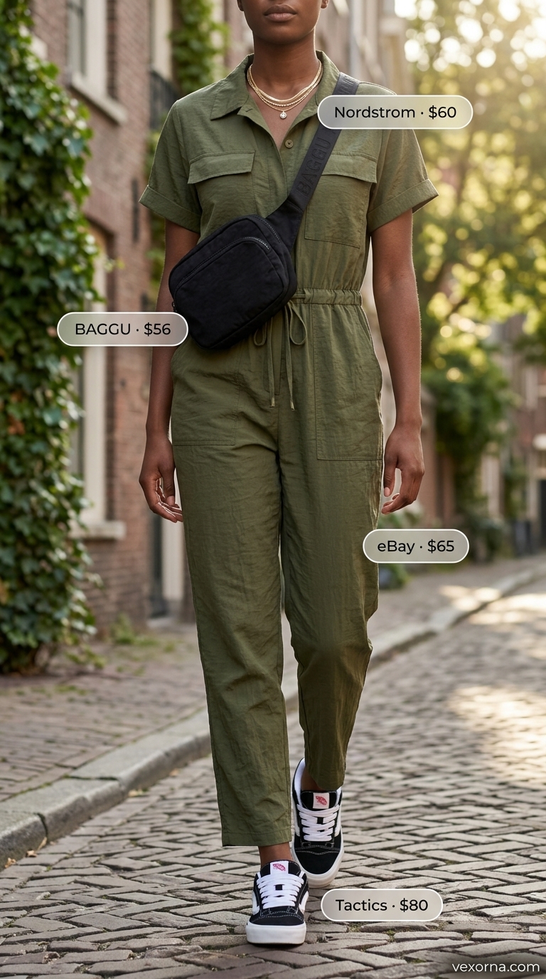 Laid back casual summer outfits for women 2026: Olive green utility jumpsuit, chunky sneakers, crossbody bag. Adventurous city style.