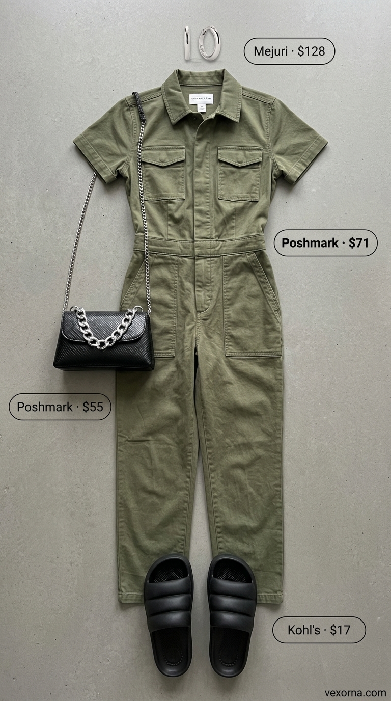 Laid back casual summer outfits for women 2026: Olive green utility jumpsuit, chunky slides, silver earrings. Modern city style.