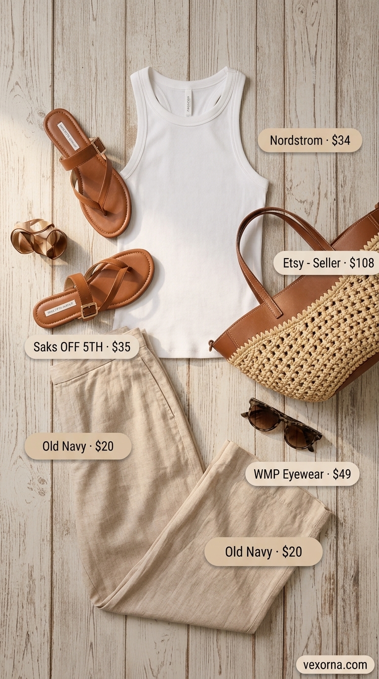 Laid back casual summer outfits for women 2026: Sand beige linen pants, white tank, tan slides, straw tote. Perfect for beach days.