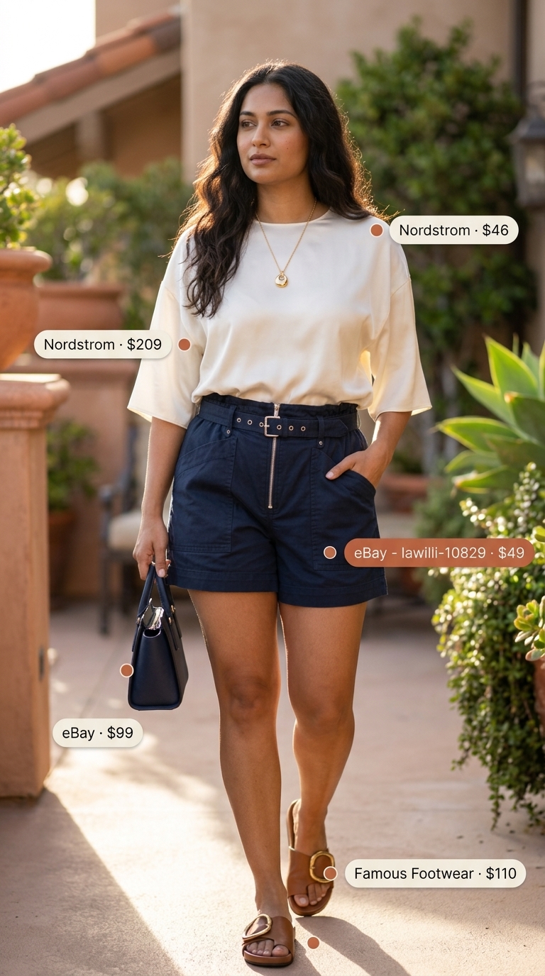 Laid back casual summer outfits for women 2026: Navy linen shorts, cream blouse, tan sandals, gold necklace. Upscale casual brunch style.