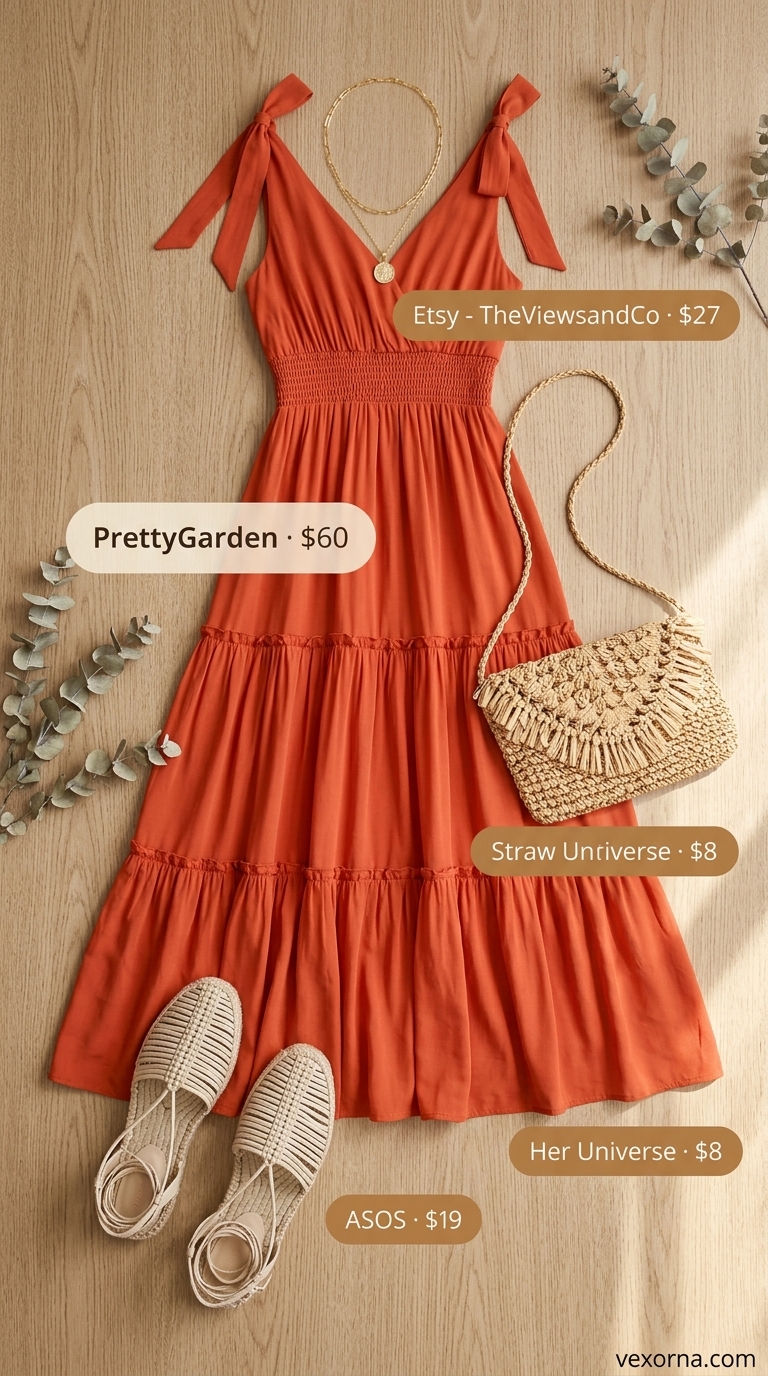 Laid back casual summer outfits for women 2026: Terracotta maxi dress, cream espadrilles, woven bag. Bohemian vacation style.