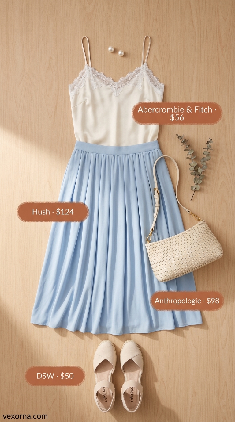 Laid back casual summer outfits for women 2026: Pastel blue midi skirt, white cami, espadrilles. Romantic garden party look.