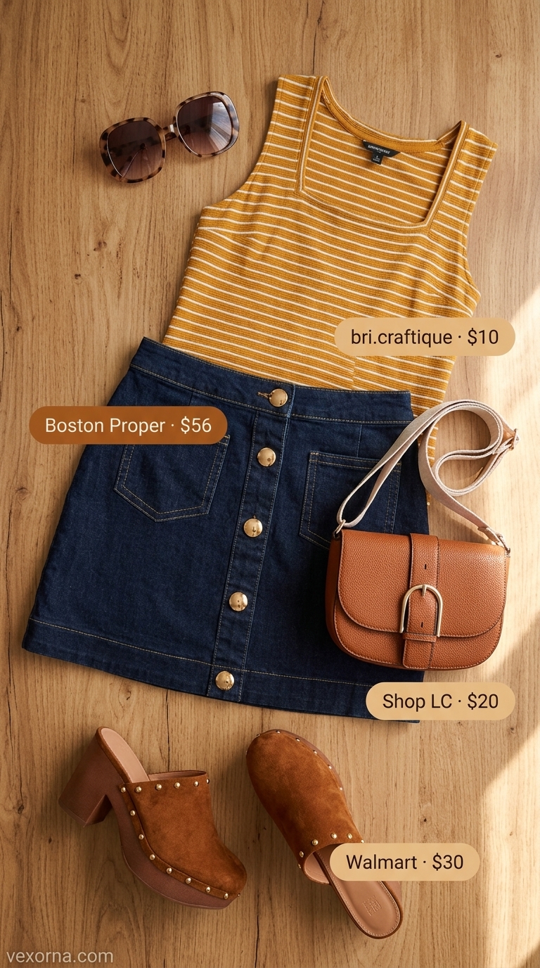 Laid back casual summer outfits for women 2026: Denim mini skirt, striped tank, platform clogs for retro fun.