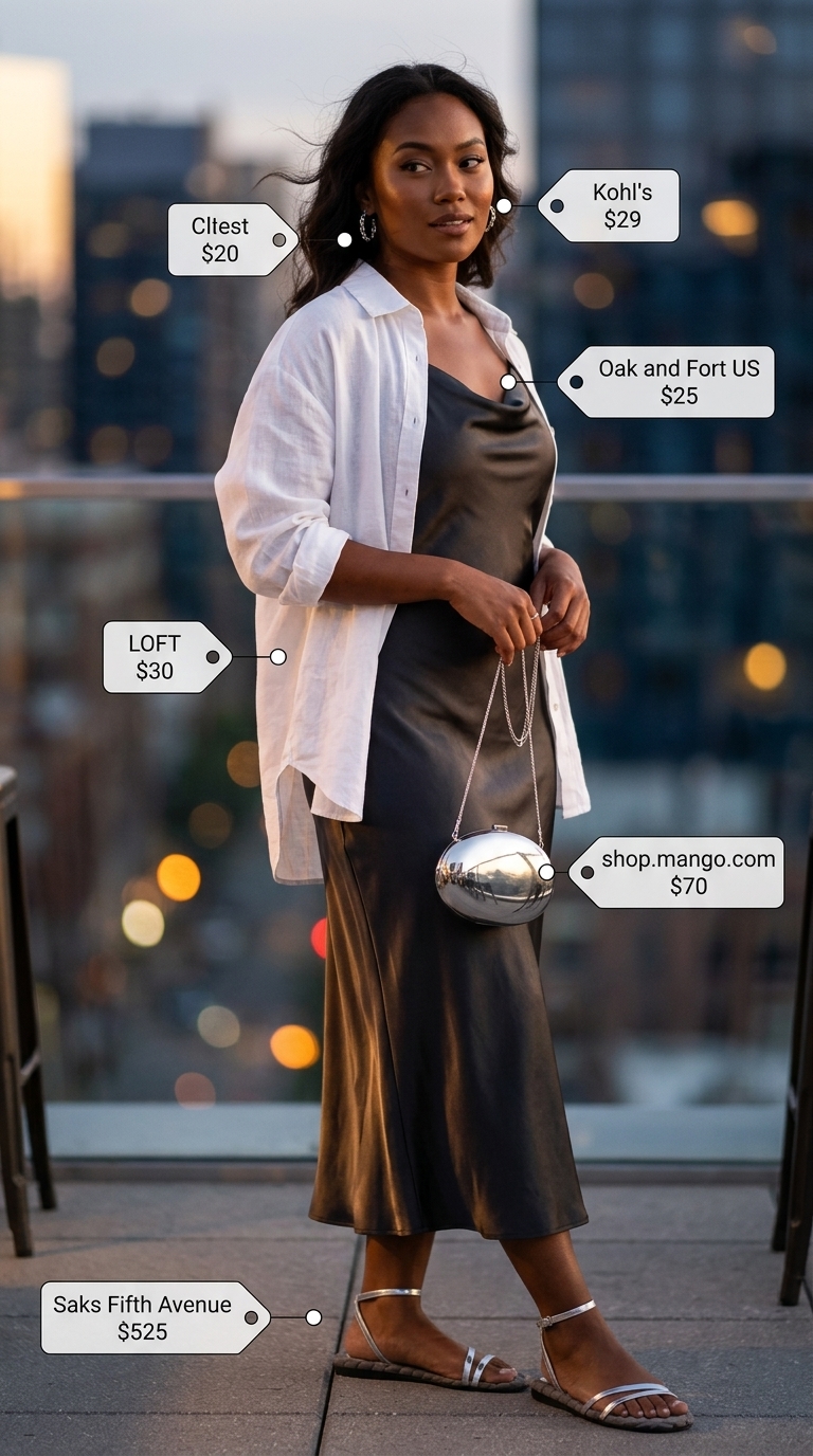 Laid back casual summer outfits for women 2026: Charcoal slip dress, white shirt, silver sandals. Sophisticated lounge style.