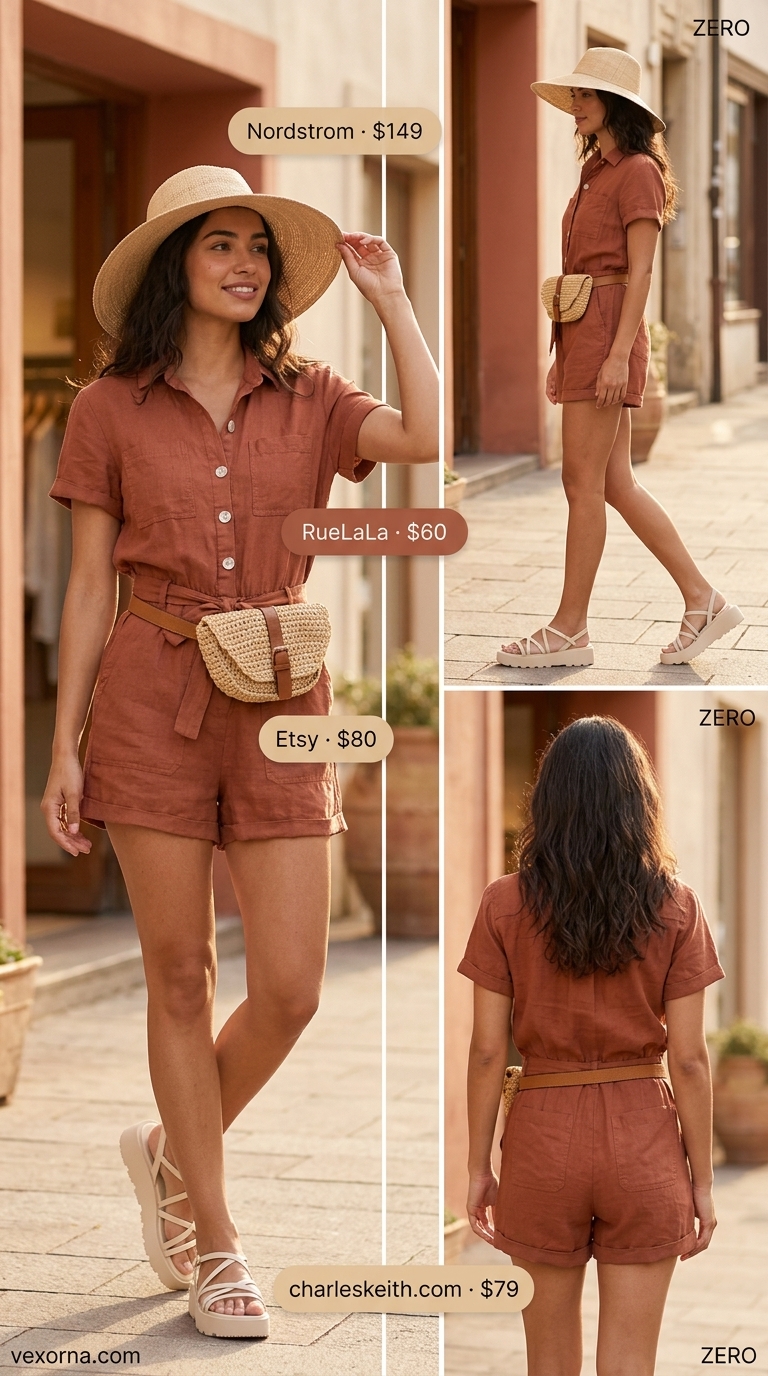 Laid back casual summer outfits for women 2026: Terracotta romper, cream sandals, straw hat for day trip.
