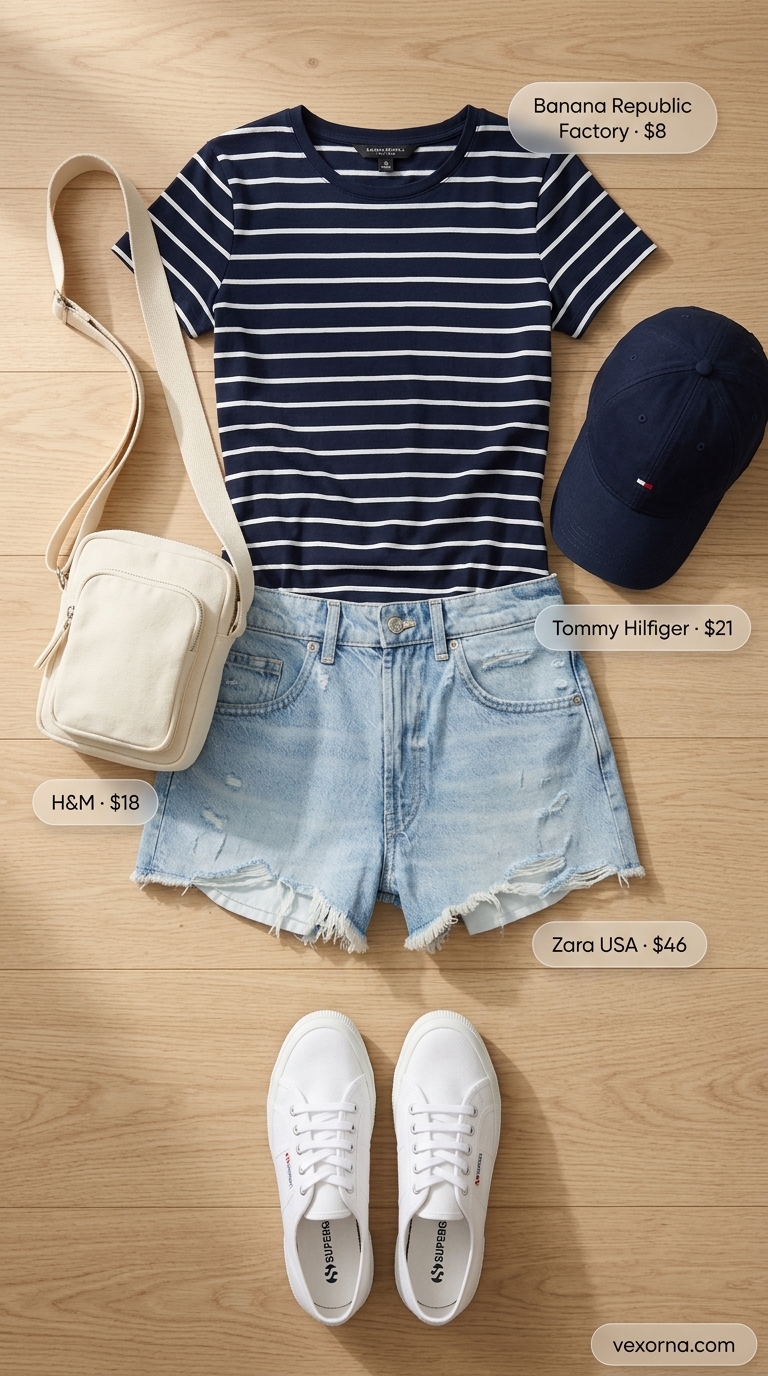 Laid back casual summer outfits for women 2026: Denim shorts, Breton stripe tee, canvas sneakers for weekend errands.
