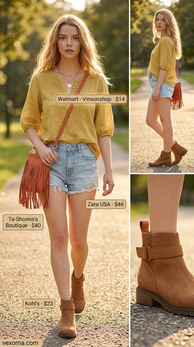 Laid back casual summer outfits for women 2026: Denim shorts, embroidered peasant top, ankle boots for festival.