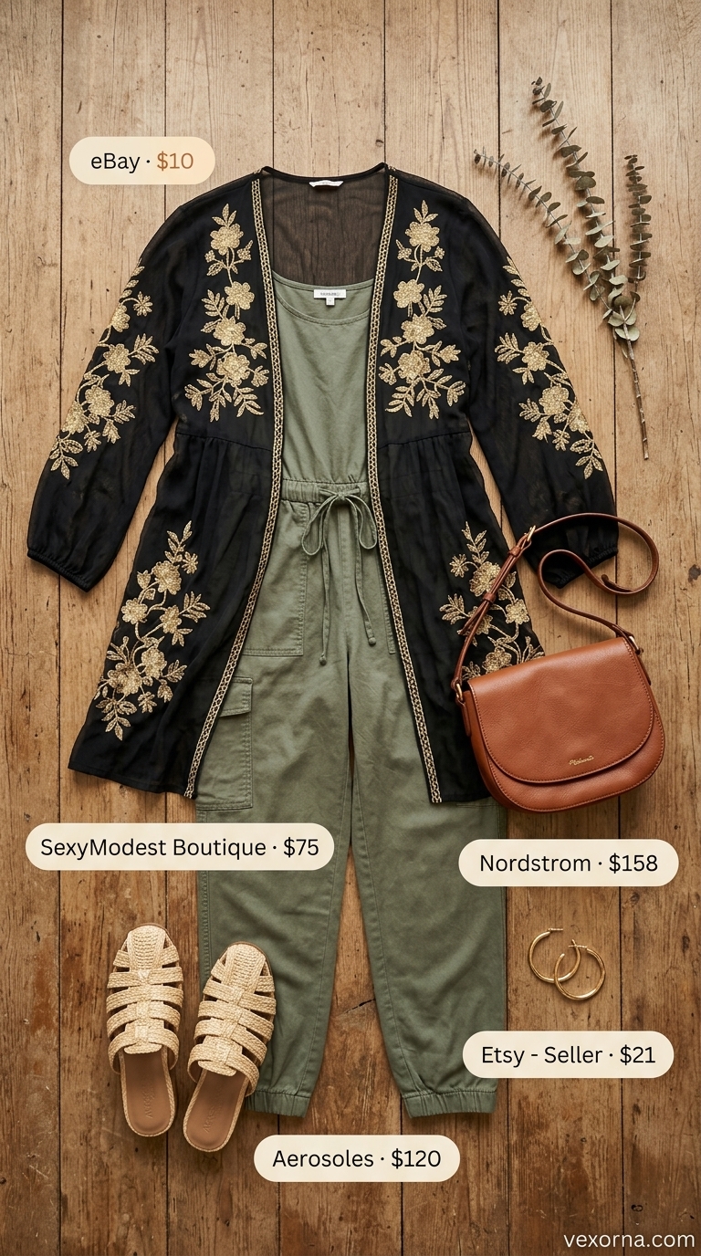 Layered boho summer outfits for women 2026: Olive utility jumpsuit with floral kimono and black saddle bag.