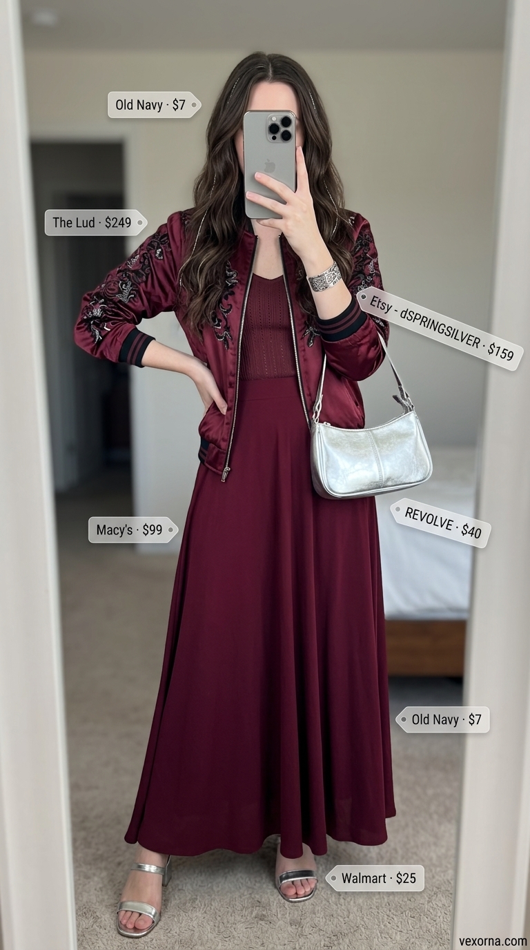 Layered boho summer outfits for women 2026: Burgundy bomber jacket, black maxi skirt, camisole, silver accessories.