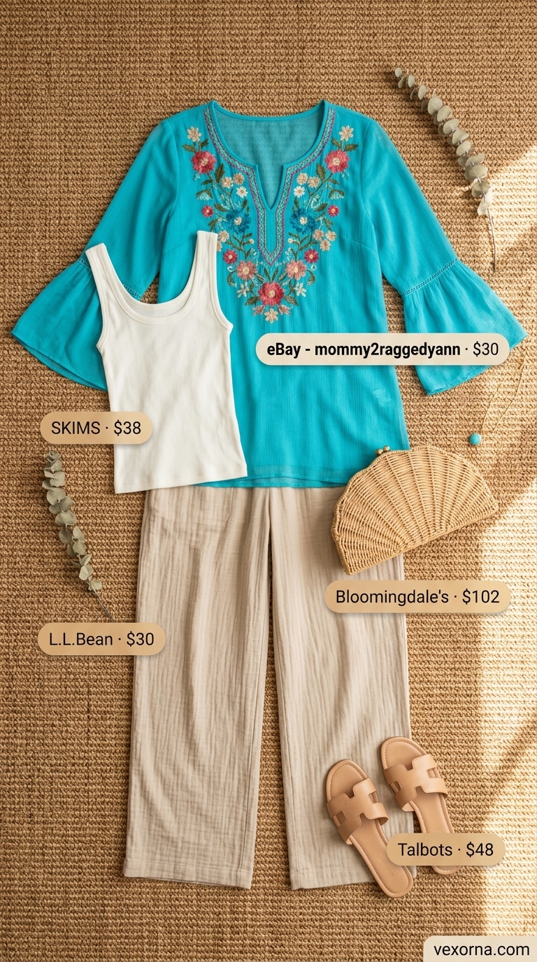 Layered boho summer outfits for women 2026: Gauze pants, tank, sheer tunic, espadrilles, raffia clutch.