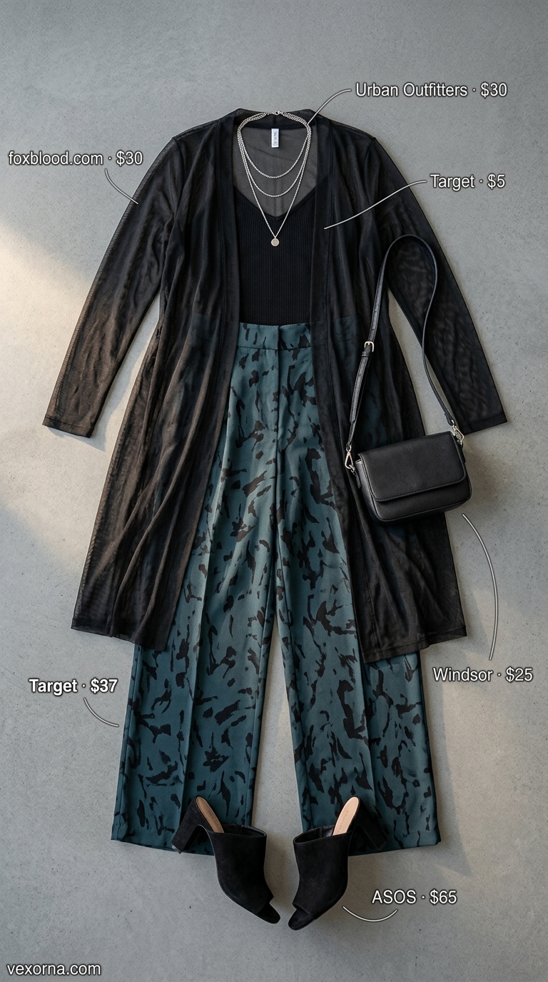 Layered boho summer outfits for women 2026: Teal abstract pants, black camisole, sheer duster & silver necklaces.
