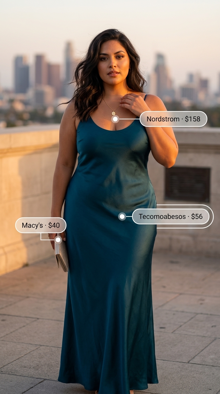 Layered boho summer outfits for women 2026: Teal maxi dress, straw hat, metallic sandals & statement necklace.