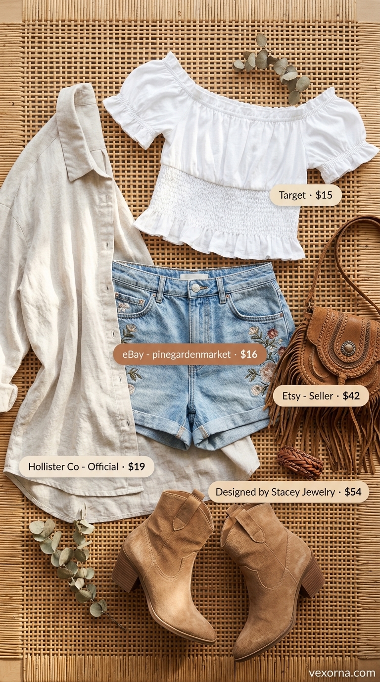 Layered boho summer outfits for women 2026: Embroidered denim shorts, peasant top, linen shirt & fringe bag.
