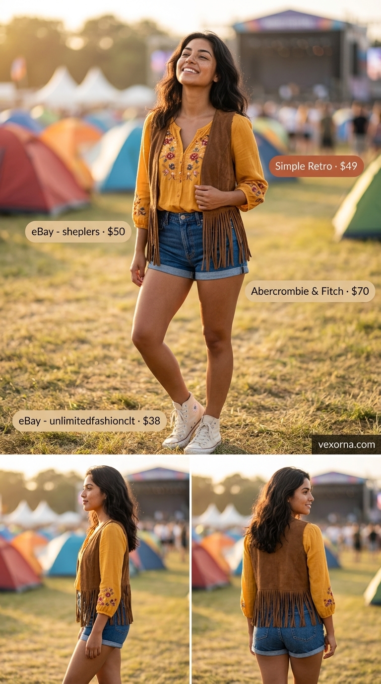 Layered boho summer outfits for women 2026: Indigo denim shorts, marigold peasant blouse, fringe vest & crossbody bag.