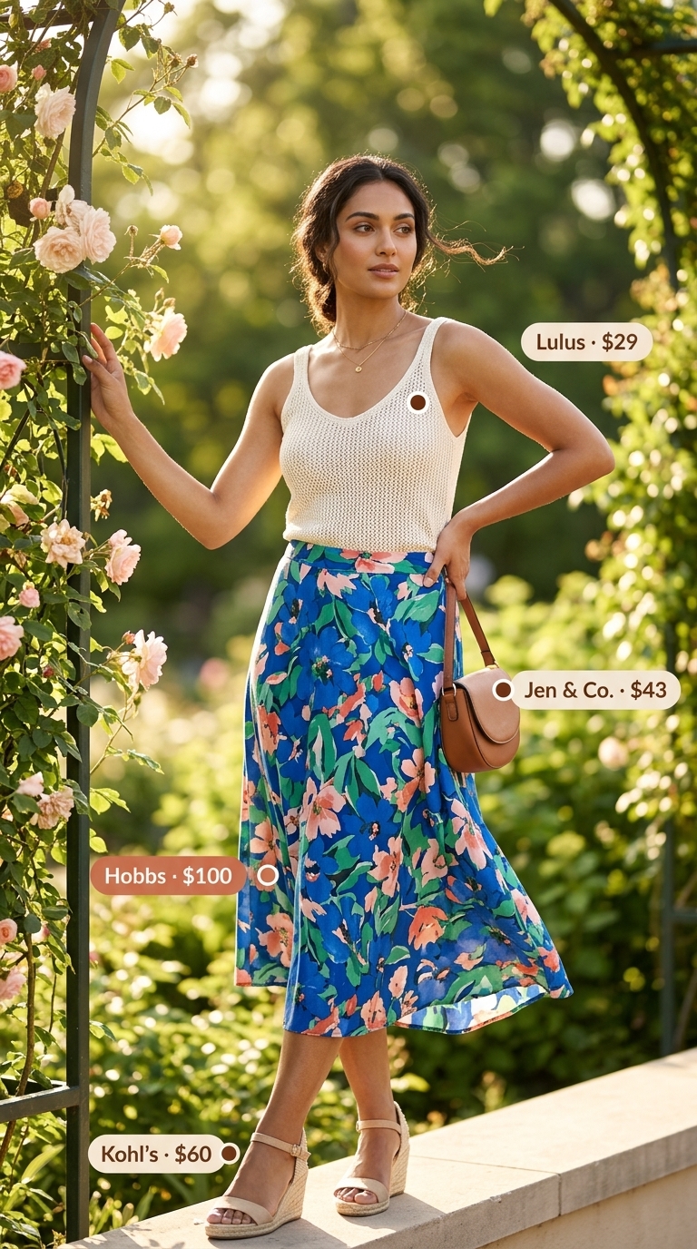Layered boho summer outfits for women 2026: Cream crochet top over cami, floral midi skirt, espadrilles.