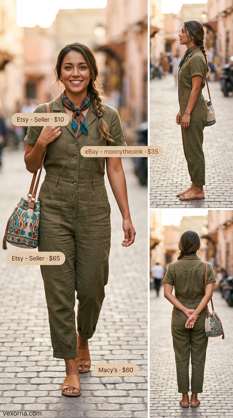 Layered boho summer outfits for women 2026: Khaki utility jumpsuit, woven belt, bucket bag & turquoise bandana.