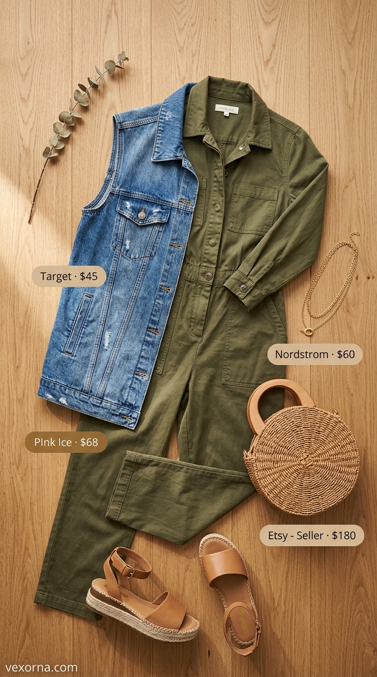 Layered boho summer outfits for women 2026: Utility jumpsuit, denim vest, espadrilles, layered necklaces.