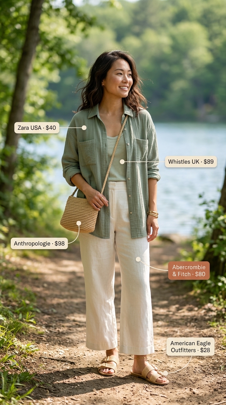 Layered boho summer outfits for women 2026: Linen pants, tank, gauze shirt layer, woven bag, flat sandals.