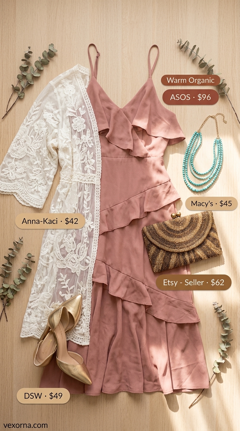 Layered boho summer outfits for women 2026: Maxi dress with embroidered kimono, beaded clutch, flat sandals.